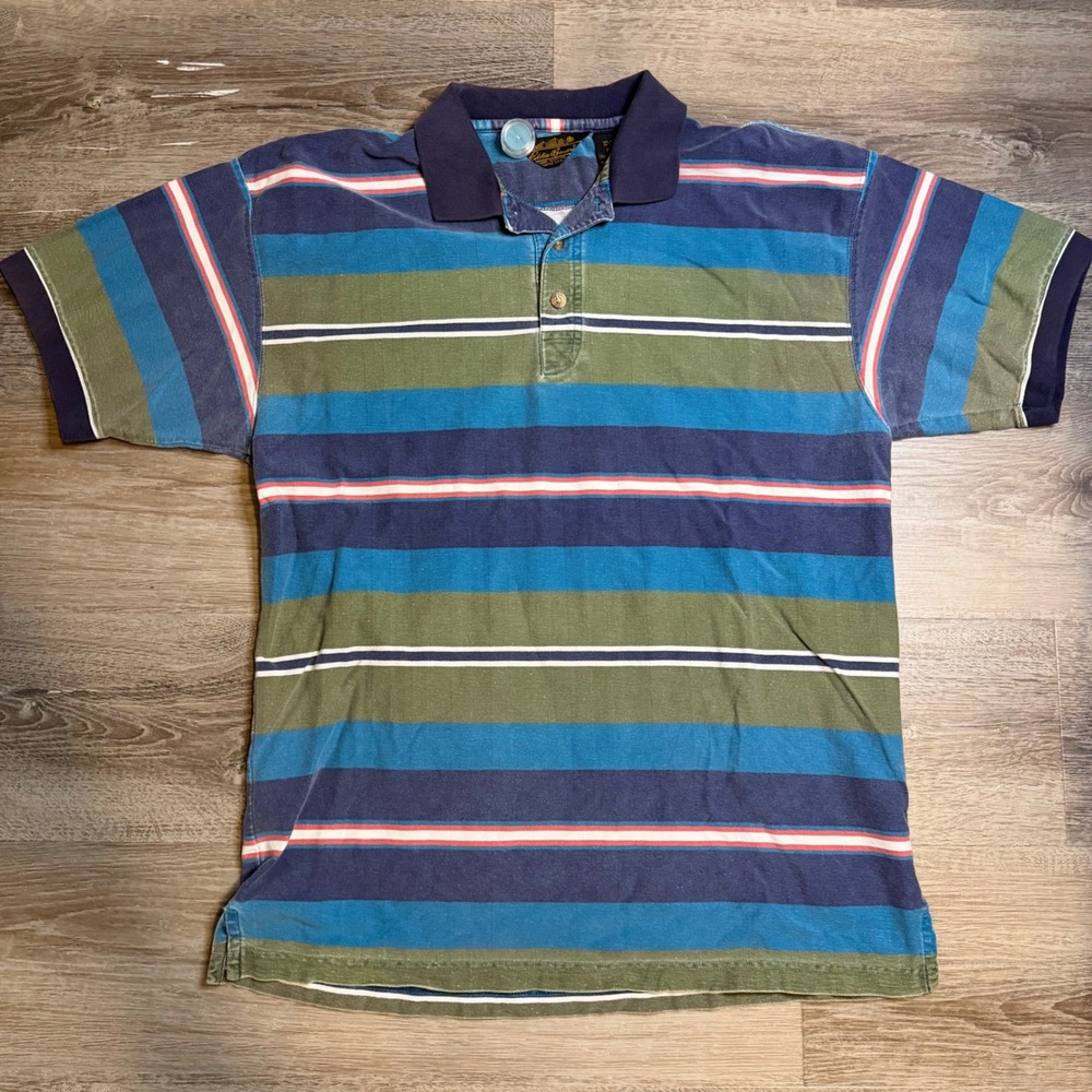 Vintage 90s Eddie Bauer Mens Striped Polo Shirt Blue Green Cotton Short Sleeve M